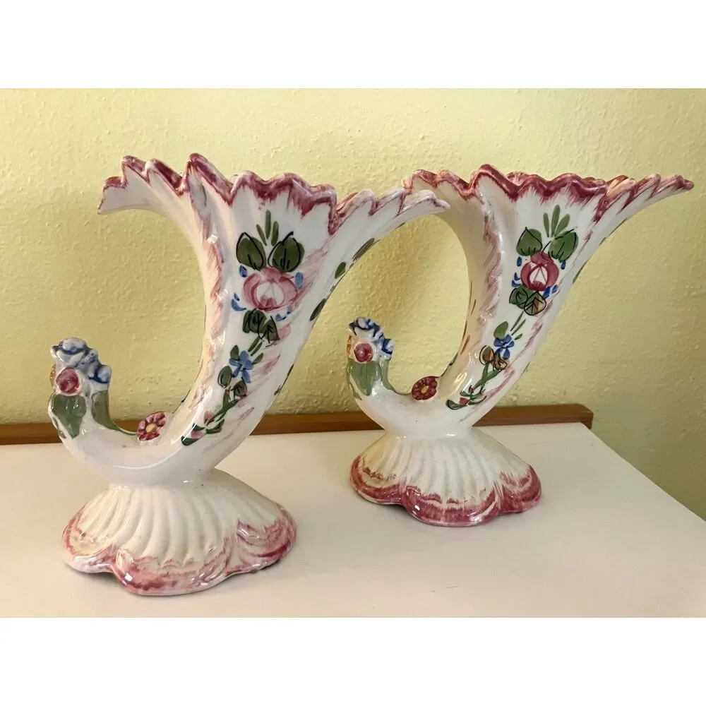Pair of floral cornucopia vases